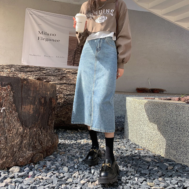 Kvindenederdel Højtaljet Retro Blå Denimnederdel