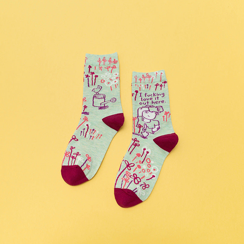 Personality Contrast Color Graffiti Women's Tube Socks Street Style Fashion Cotton Socks