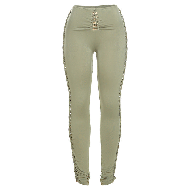 Street Fashion Solid Color Hollow Skinny Trousers Casual Pants