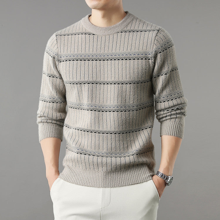Mens Knitted Fleece-lined Thick Crew-neck Faux Mink Sweater