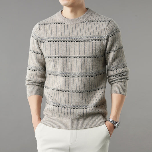 Mens Knitted Fleece-lined Thick Crew-neck Faux Mink Sweater