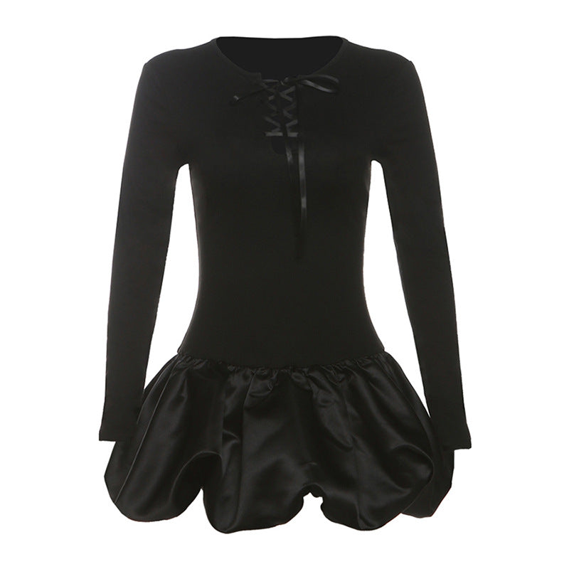Womens Fashion Patchwork Lace-Up Long-Sleeve Dress