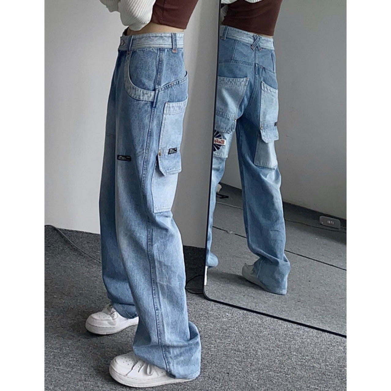 Vintage Pocket Gradient Loose Large Size Fat Mm Jeans