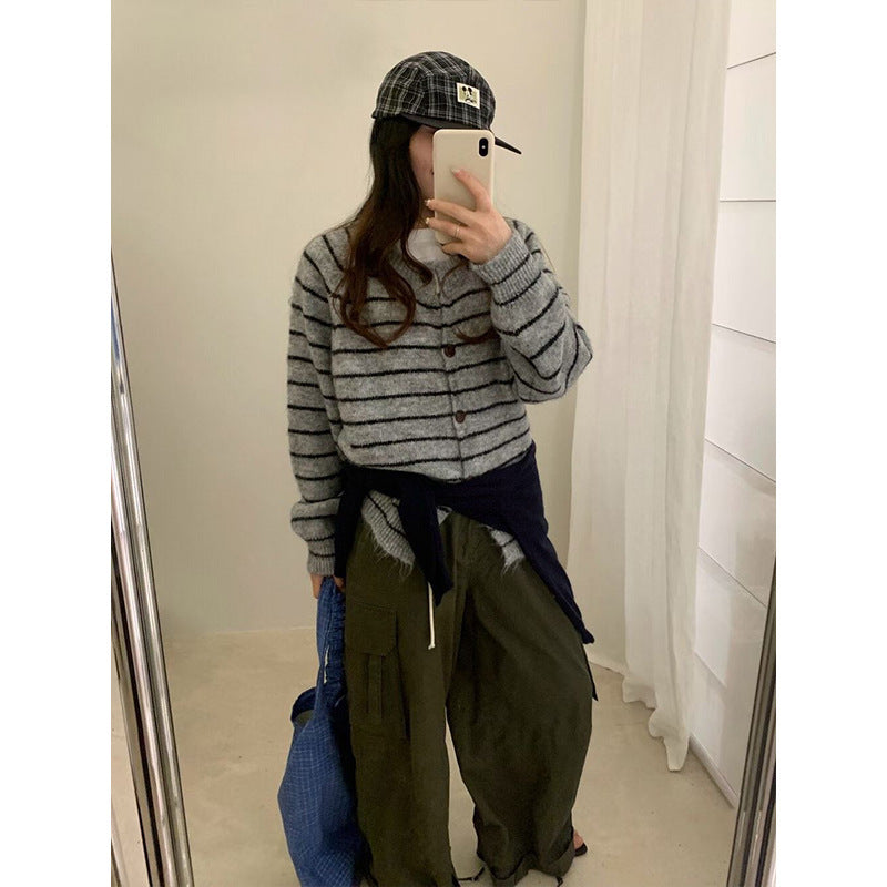 Mixed Color Stripe Long Sleeve Women's Sweater Jacket