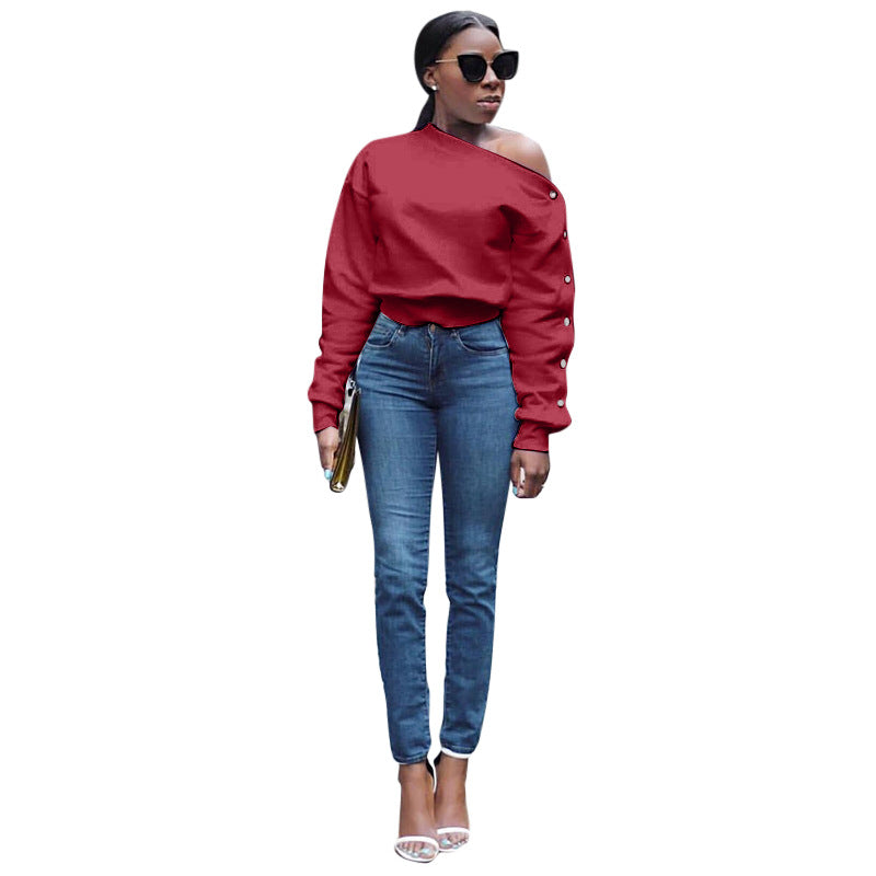 Sexy Off-shoulder Off-shoulder Personalized Buckle Sleeve Sweater