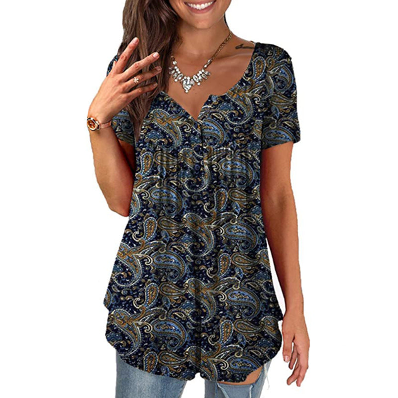 Women's Clothing Summer Fashion New Tops Digital Printing Casual Trend Short Sleeve Henley Shirt