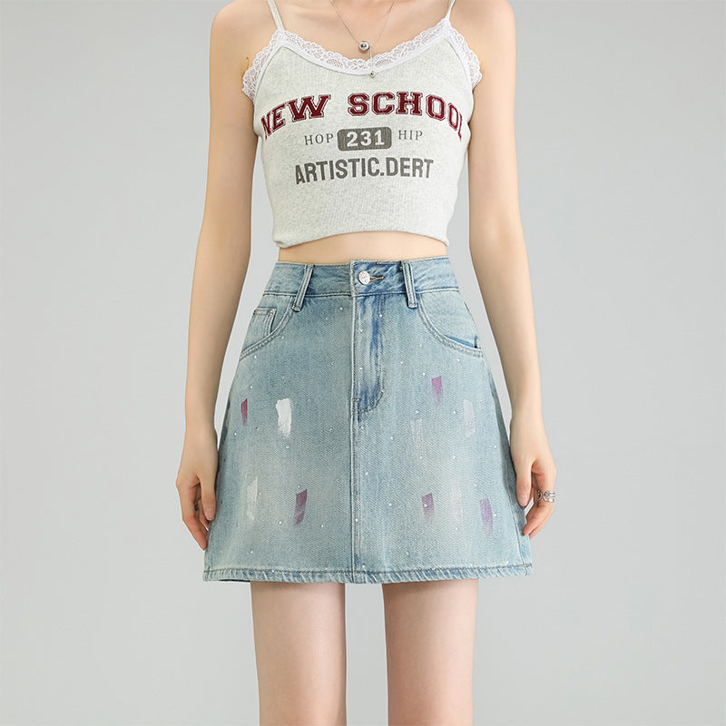 Rhinestone Lining Base Denim Skirt Graffiti Denim