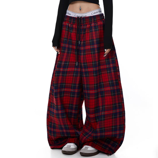 Womens Retro Effortless American-Style Drawstring Red Plaid Pants
