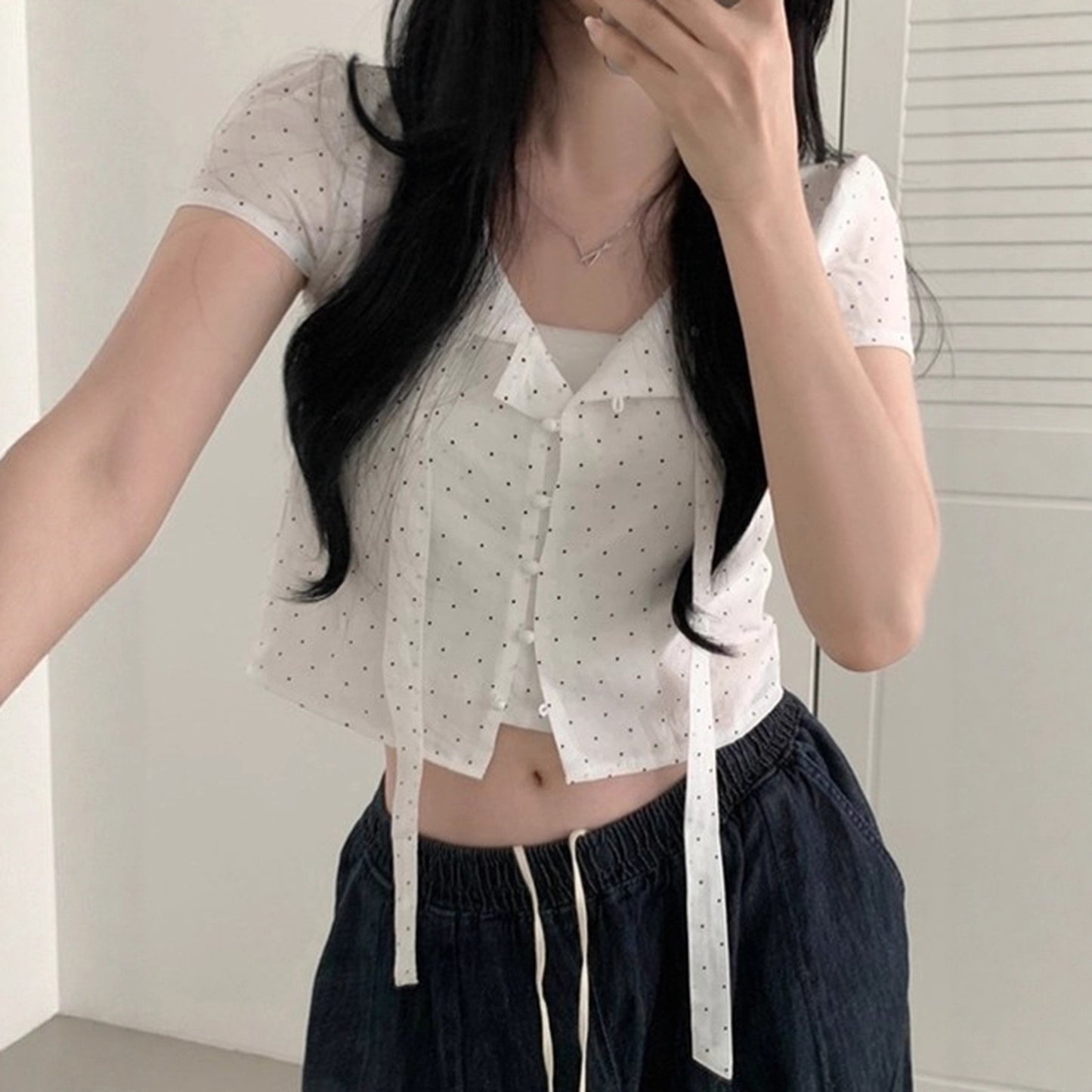 Sweet Alluring Bow-Knot Polka-Dot Strap Short-Sleeve T-Shirt