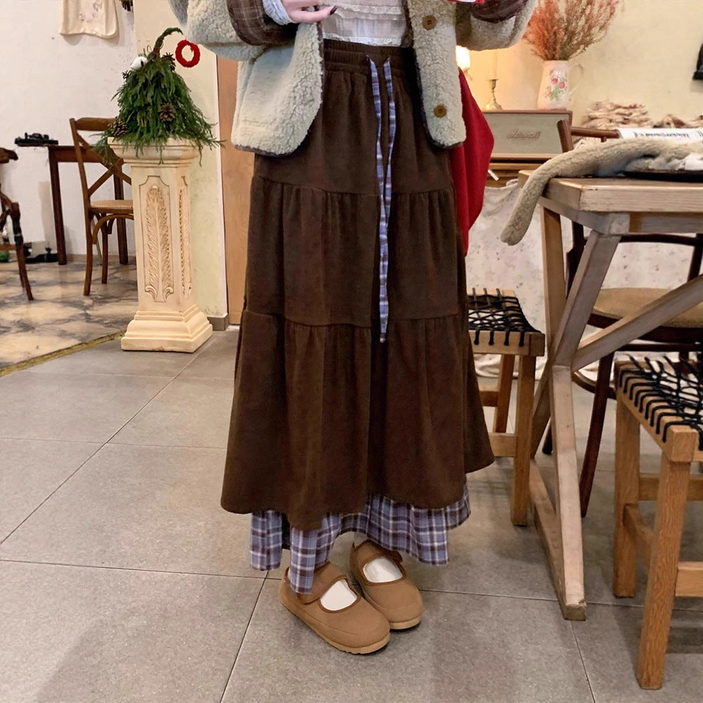 Niche Patchwork Fake Two-piece Plaid Cake Maxi Dress