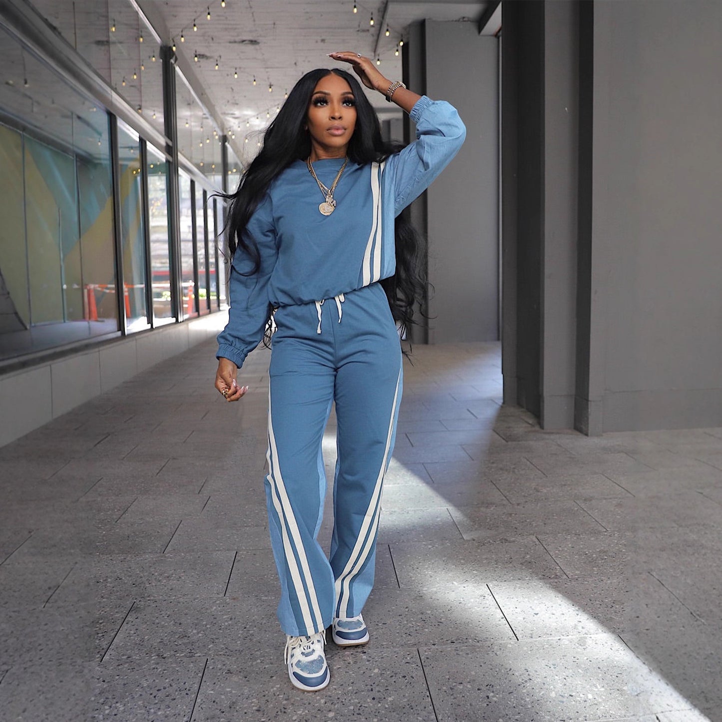 Sporty Color-blocked Faux Denim Striped Long-sleeve Hoodie With Drawstring Pants Two-piece Set