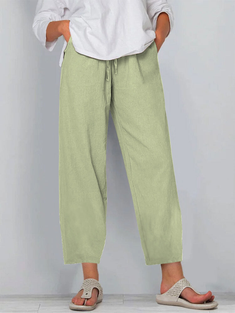 Elastic Waist Solid Color Cotton And Linen Wide Leg Casual Trousers