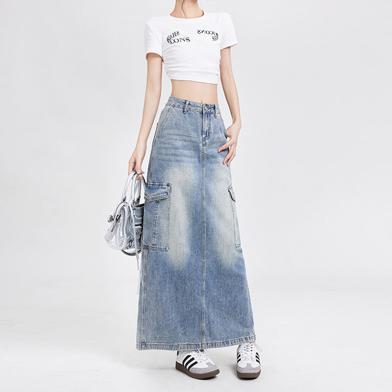 Women's A- Line Denim Skirt Fashion Wash Long Skirt