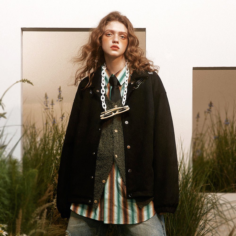 Letter Floral Embroidered Jacket For Men And Women