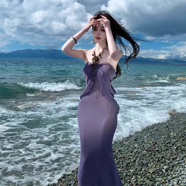 Luxury Purple Chiffon Backless Intricately Designed Irregular Dress