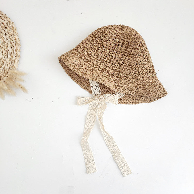 Influencer baby-stråhat med blondekant, koreansk stil, til børn, solhat forår/sommer, til babypiger og småbørn
