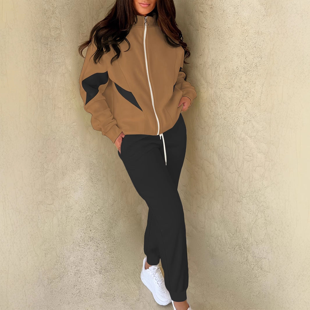 Versatile Color-blocked High-neck Jacket And Tapered Pants Two-piece Set