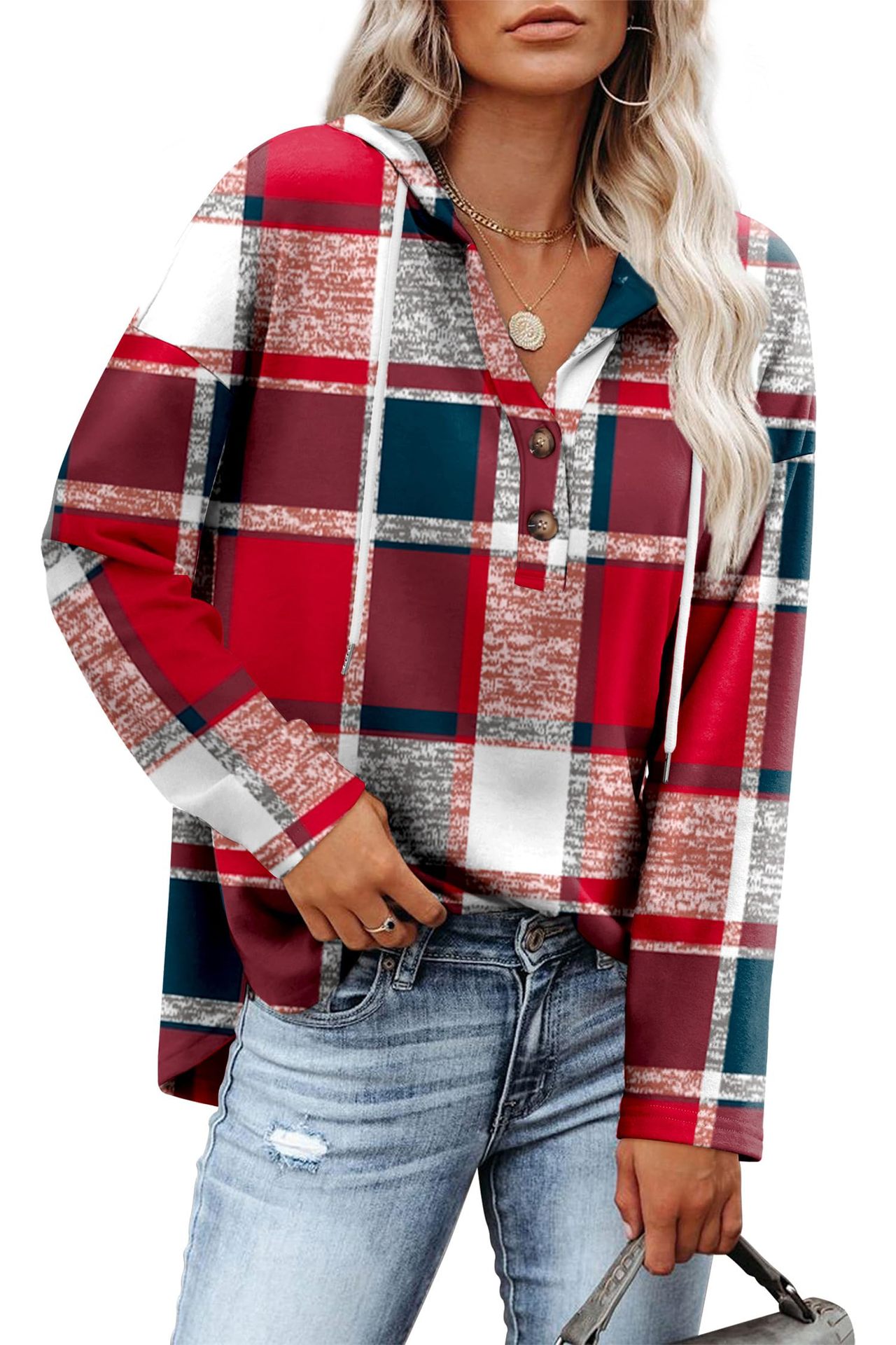 Women's Top V-neck Buttons Long-sleeved Sweater Shirt