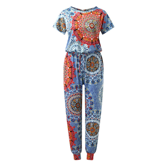 Women's Short Sleeve Printed Stretch Jumpsuit Women