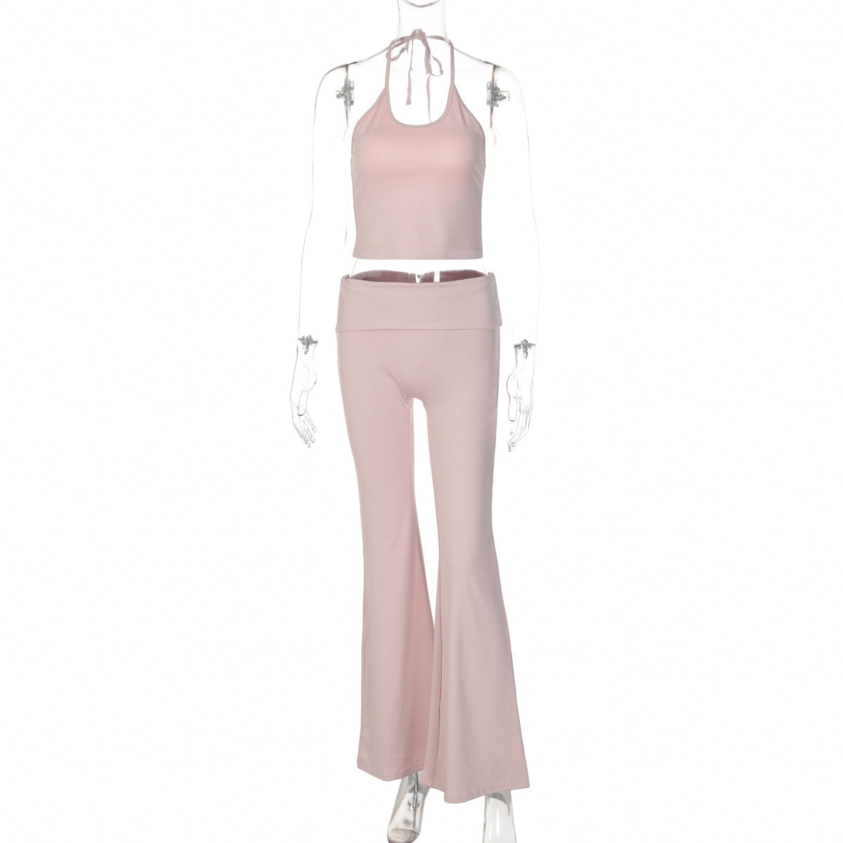 New Sexy Midriff-baring Halterneck Tank Top And Slim-fit High-waisted Flared Pants Set