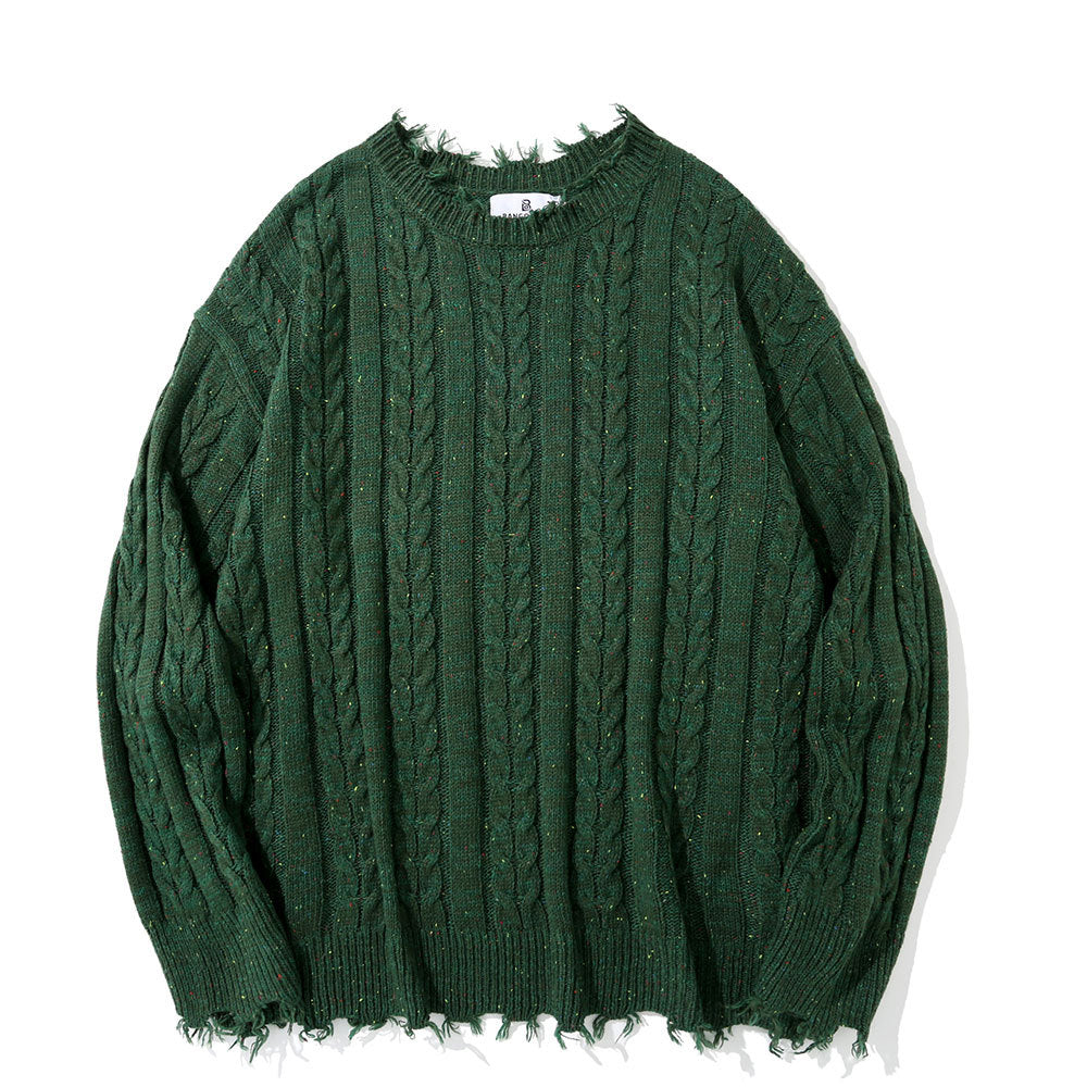 Pure Color Jacquard Twist Ripped Sweater Men's High Street Idle Style