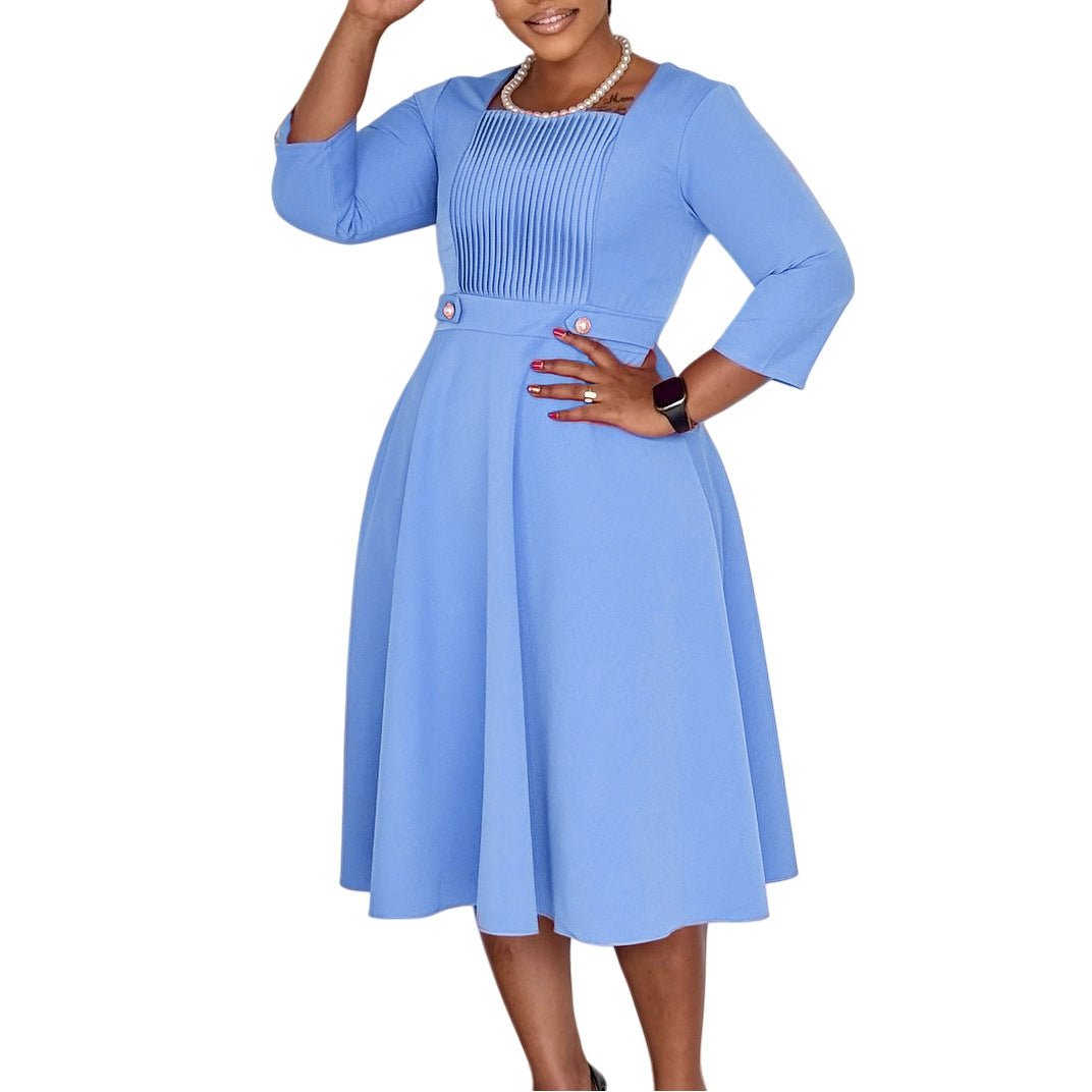 Fashionable Square-Neck Solid-Color Pleated Plus-Size Dress