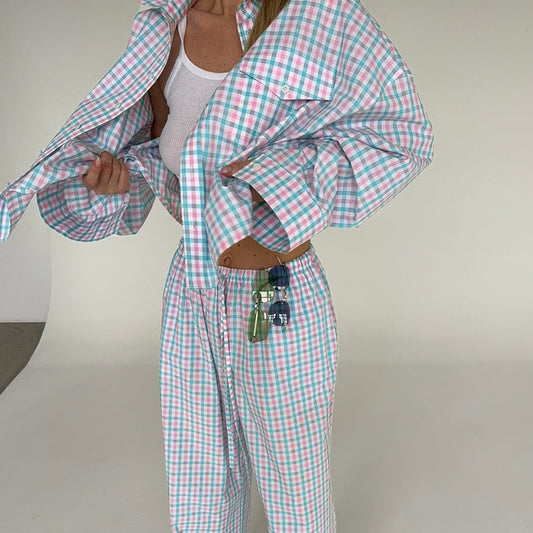 Plaid Lapel Long-sleeve Shirt And Loose-fitting Trousers Set