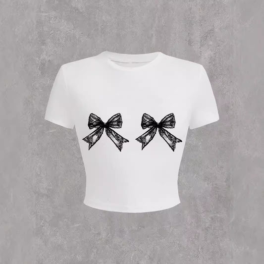 Casual Simple Round Neck Lace Bow Print Short Sleeve