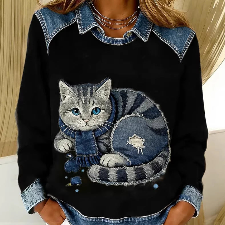Womens Denim Crew-Neck 3D Digital Print V-Neck T-Shirt