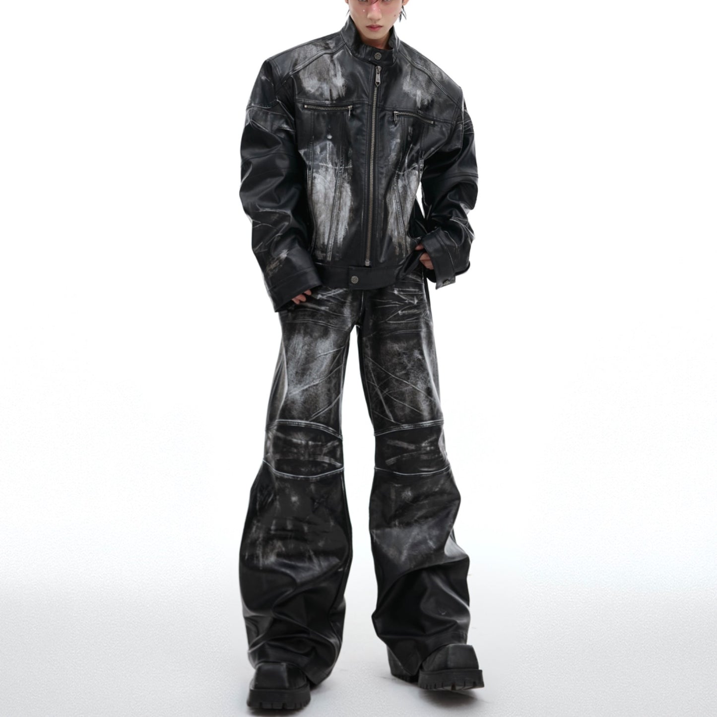 Vintage Distressed Profile Stand-up Collar Jacket