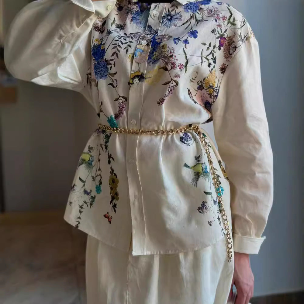 Women's Fashion Flower-Print Casual Long Dress Set