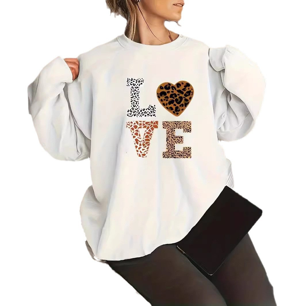 Rundhalset Leopardprint Kærlighed Plus Size Trøje Til Piger