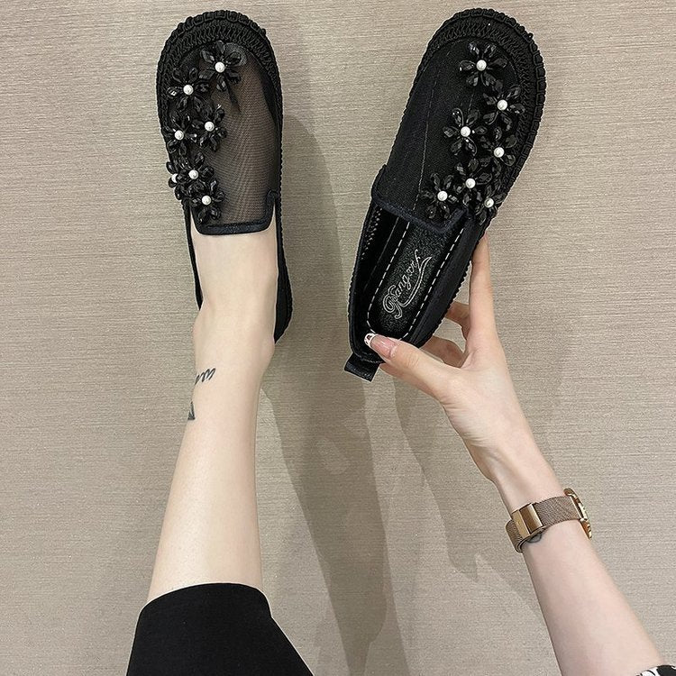 Enkeltsko Dame Fritid Mesh Flad Hæl Flade Rhinestones Rund Tå Slip-on