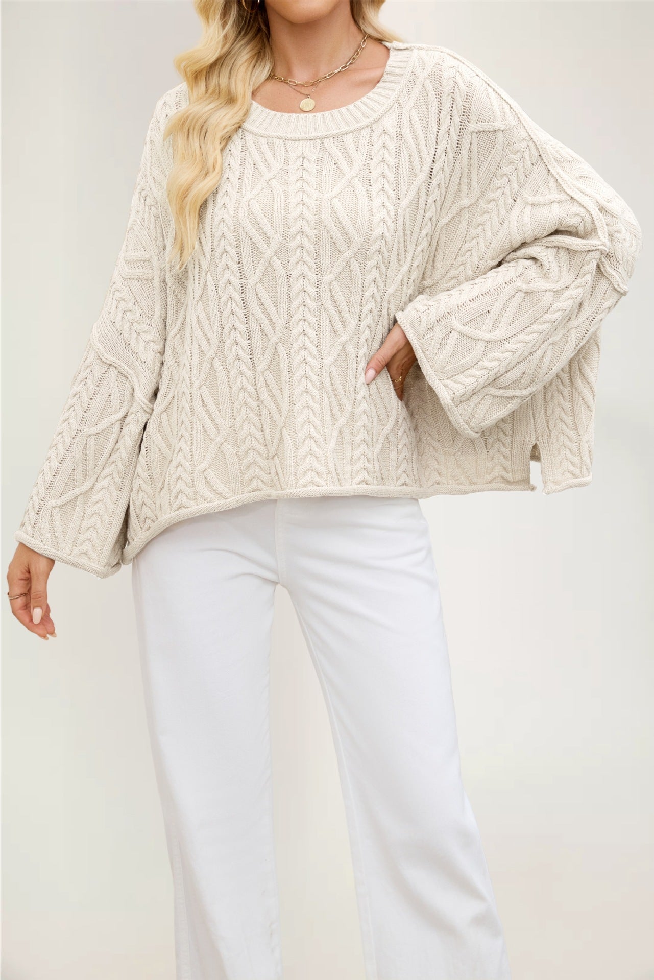 2 O-neck Short Cable Loose-fitting Solid Color Sweater