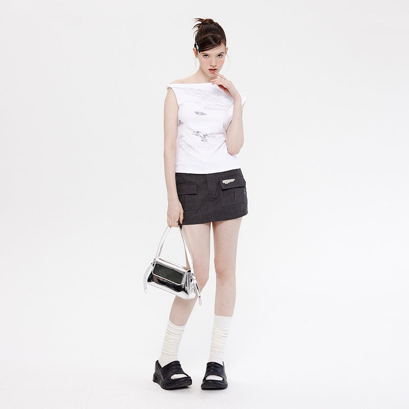 Hot Girl Irregular Shoulder Design T-shirt Heart Women's Short