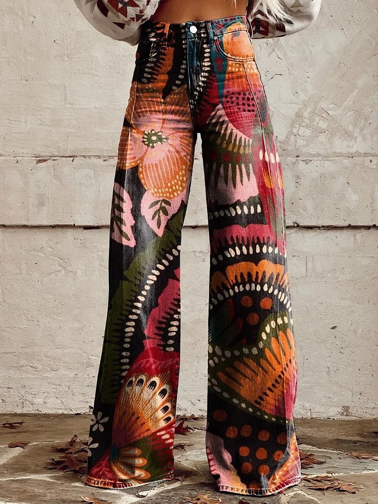 Lightweight Faux Denim Pants With Wide Legs And 3D Print
