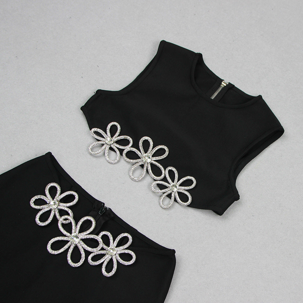 Women's Fashion Cutout Sleeveless Rhinestone Top Skirt Suit Bandage