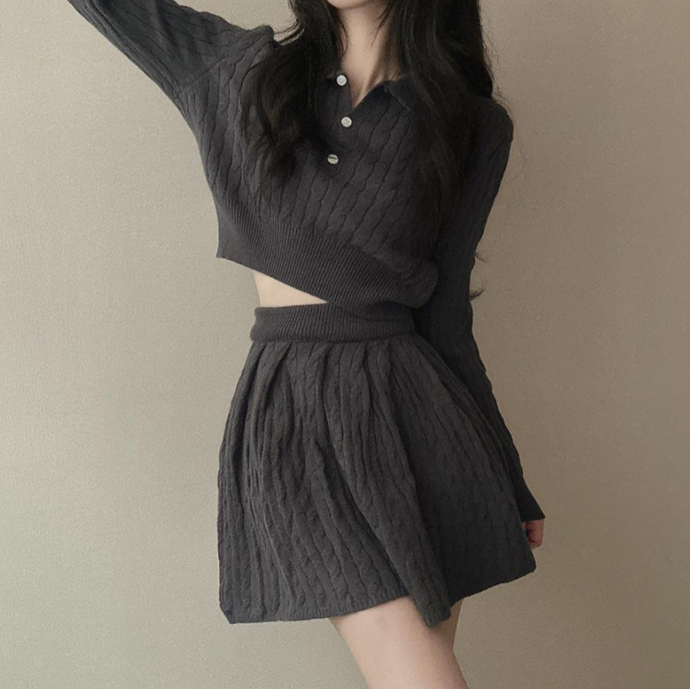 Cute Knitted Sweater Pleated Skirt Slimming Slim Fit Suit