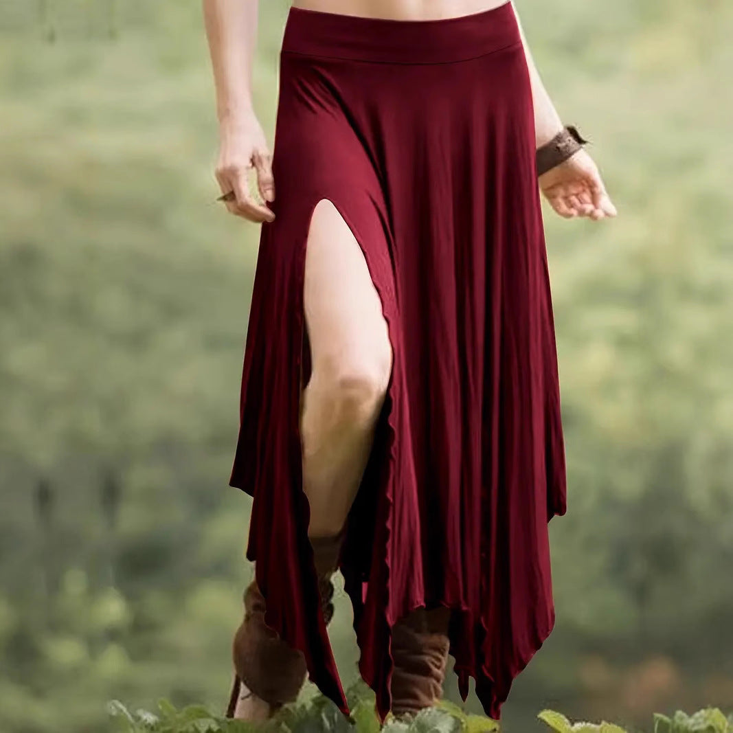 Womens Solid-Color Irregular Elastic-Waist Skirt