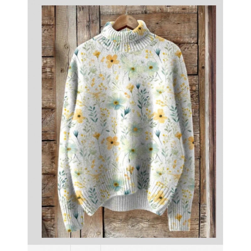 Printed Casual Turtleneck Bedford Cord Sweater