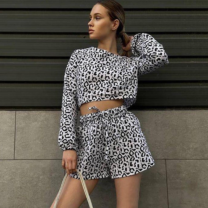 New Arrival 100 Cotton Leopard-Print Long-Sleeve Top And Shorts Two-Piece Set