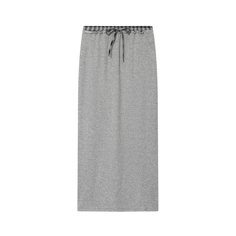 Color-blocked Lapel Short-sleeve Top With Waist-tie Skirt