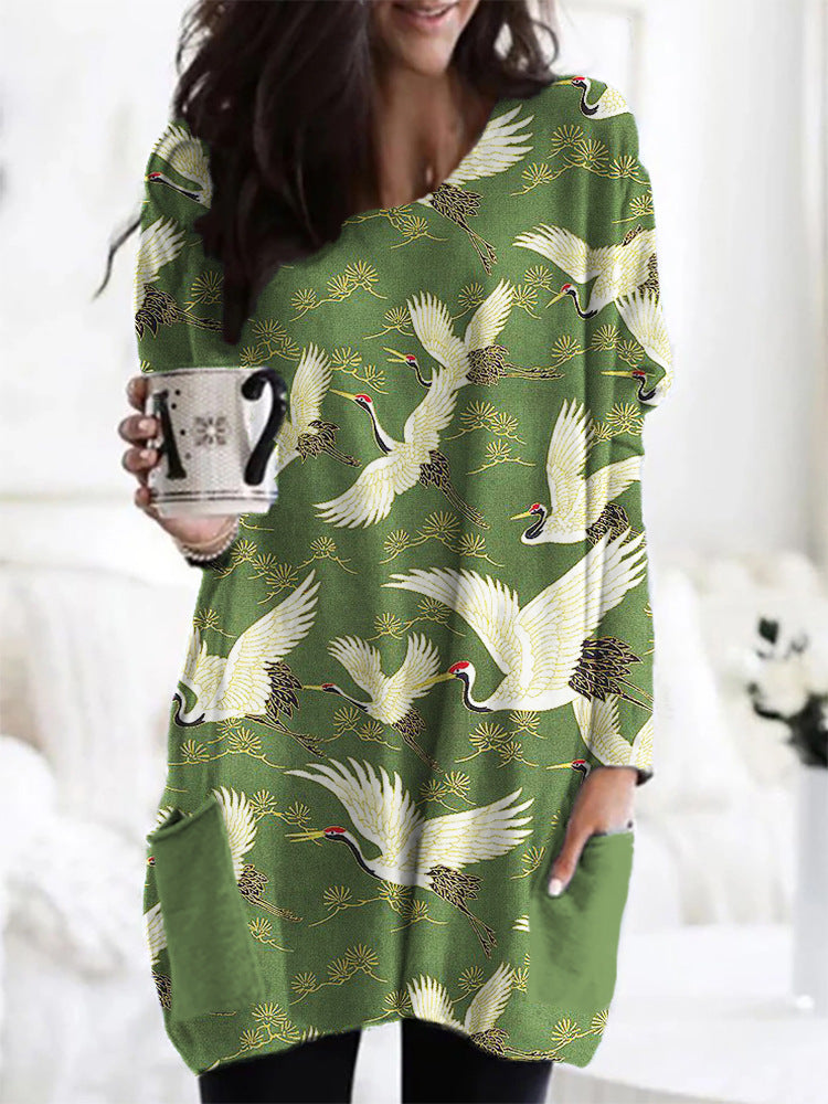 Picasso-style Casual Mid-length Loose-fitting Womens Dress With A Crew Neck