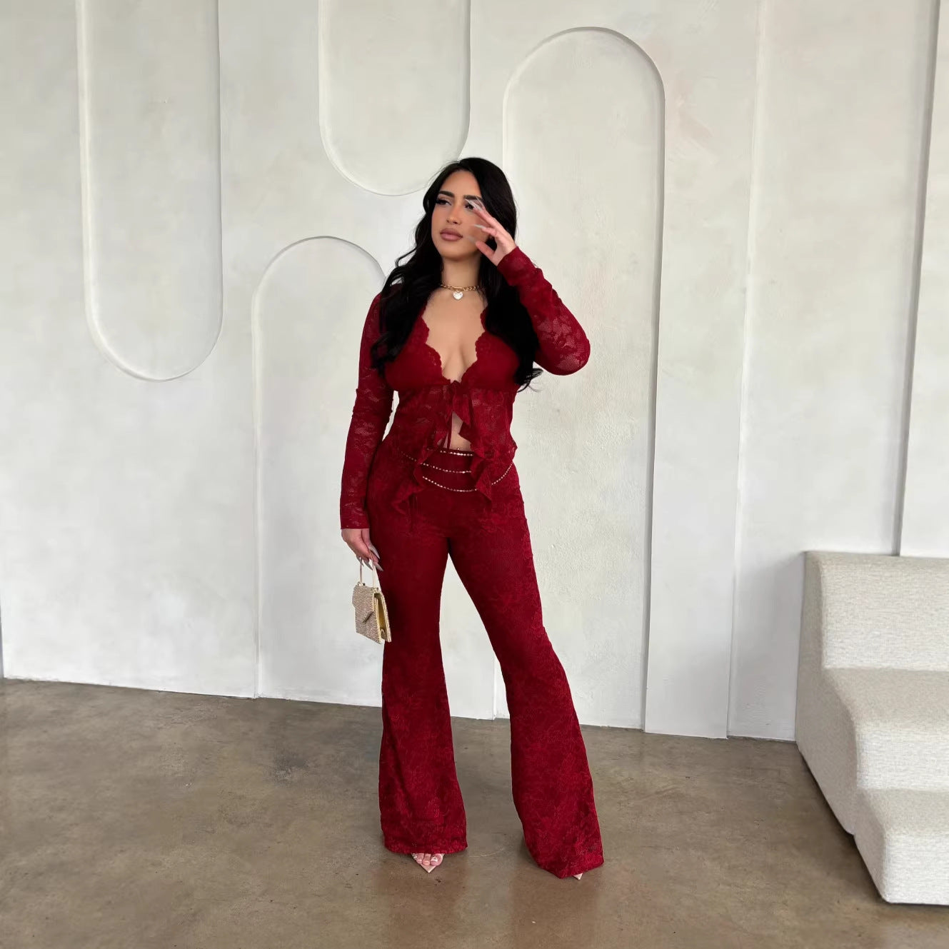Lace Top With Long Sleeves And Lace Pants Two-piece Set