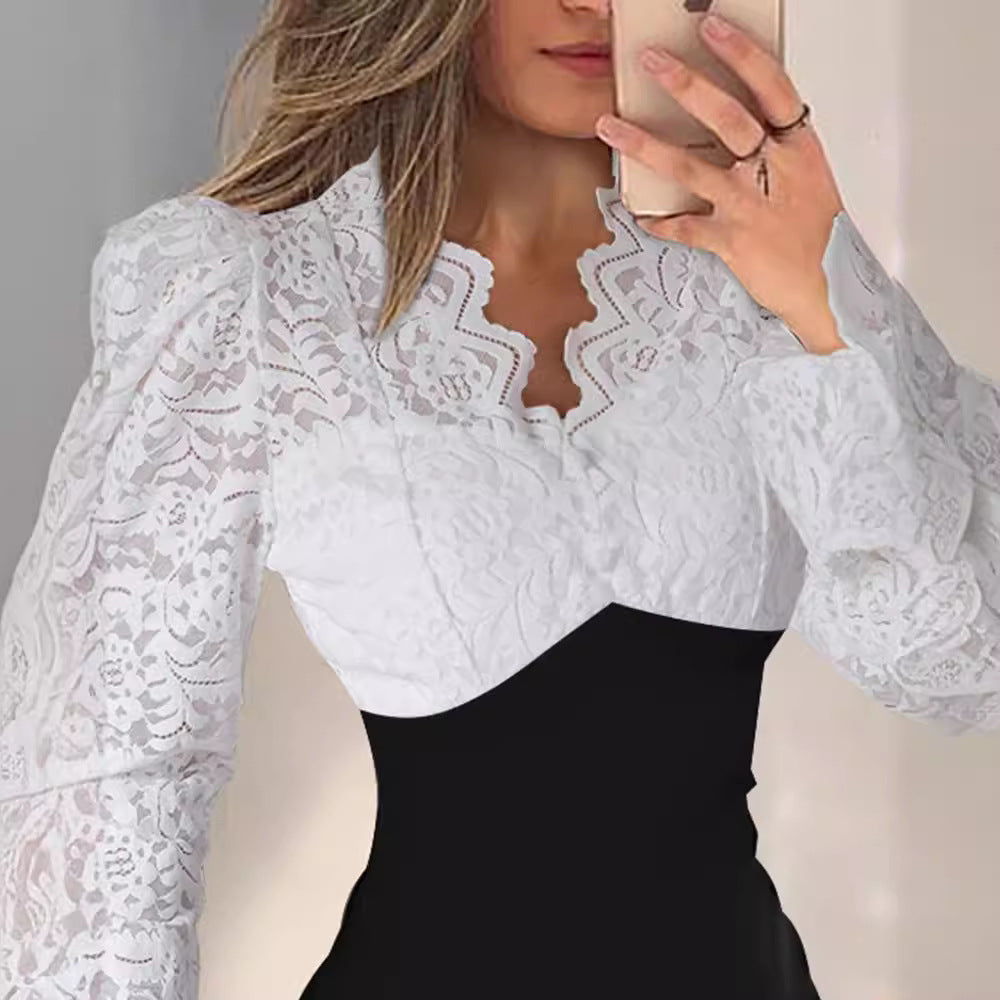 New Arrival Fitted V-Neck Lace-Patchwork Wrap Dress