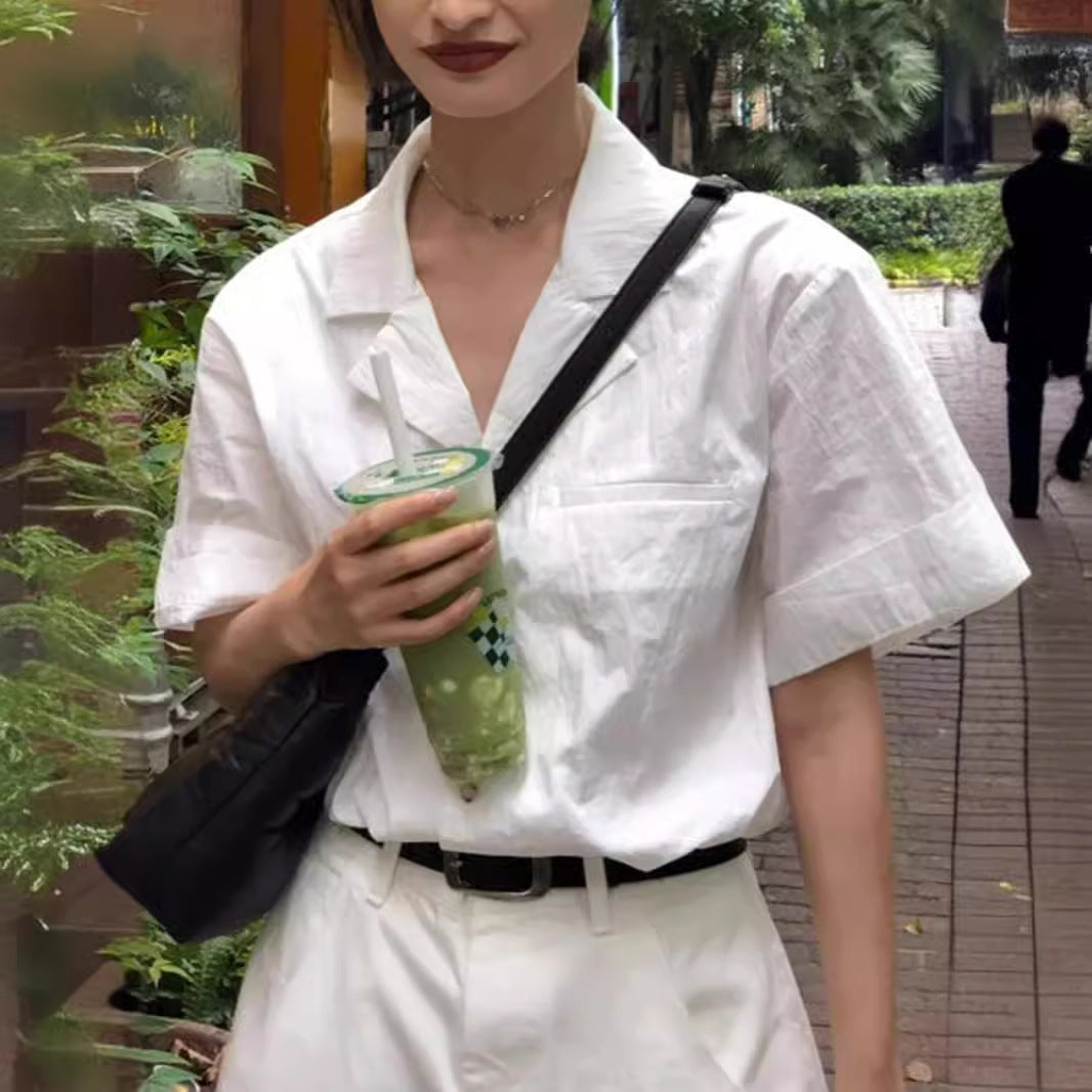 Retro White Cotton And Linen Short-sleeved Shirt For Women