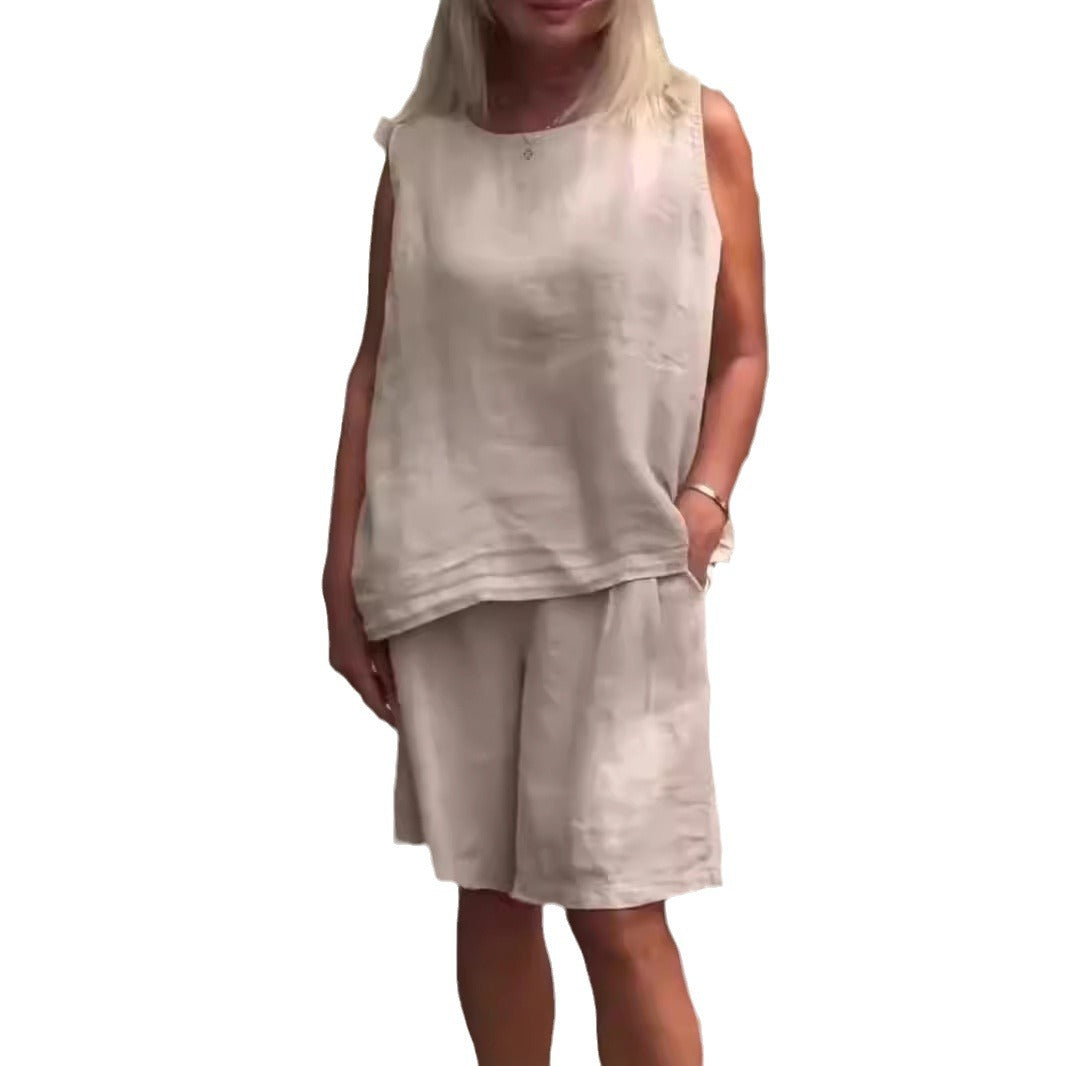 Women's Cotton-Linen Crew-Neck Sleeveless Casual Set