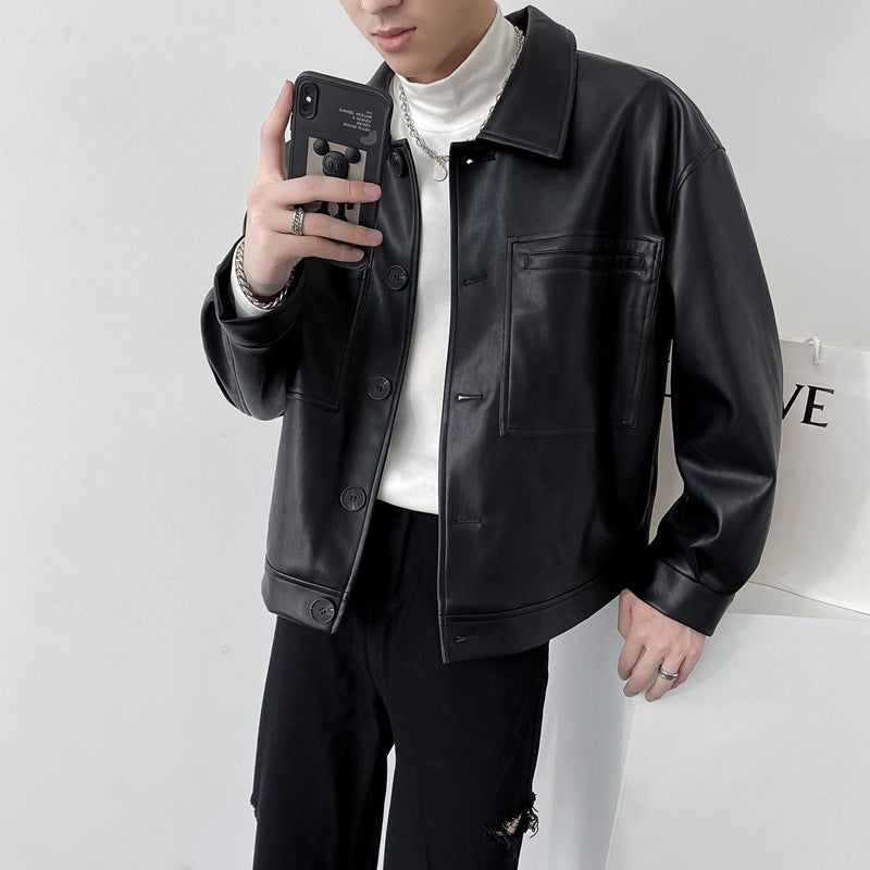 Efterår Retro Revers Kort Pu Læder Casual Jakke Mænds Koreansk-stil Niche Net Rød Løs Læderfrakke Flæse Flot Stilfuld