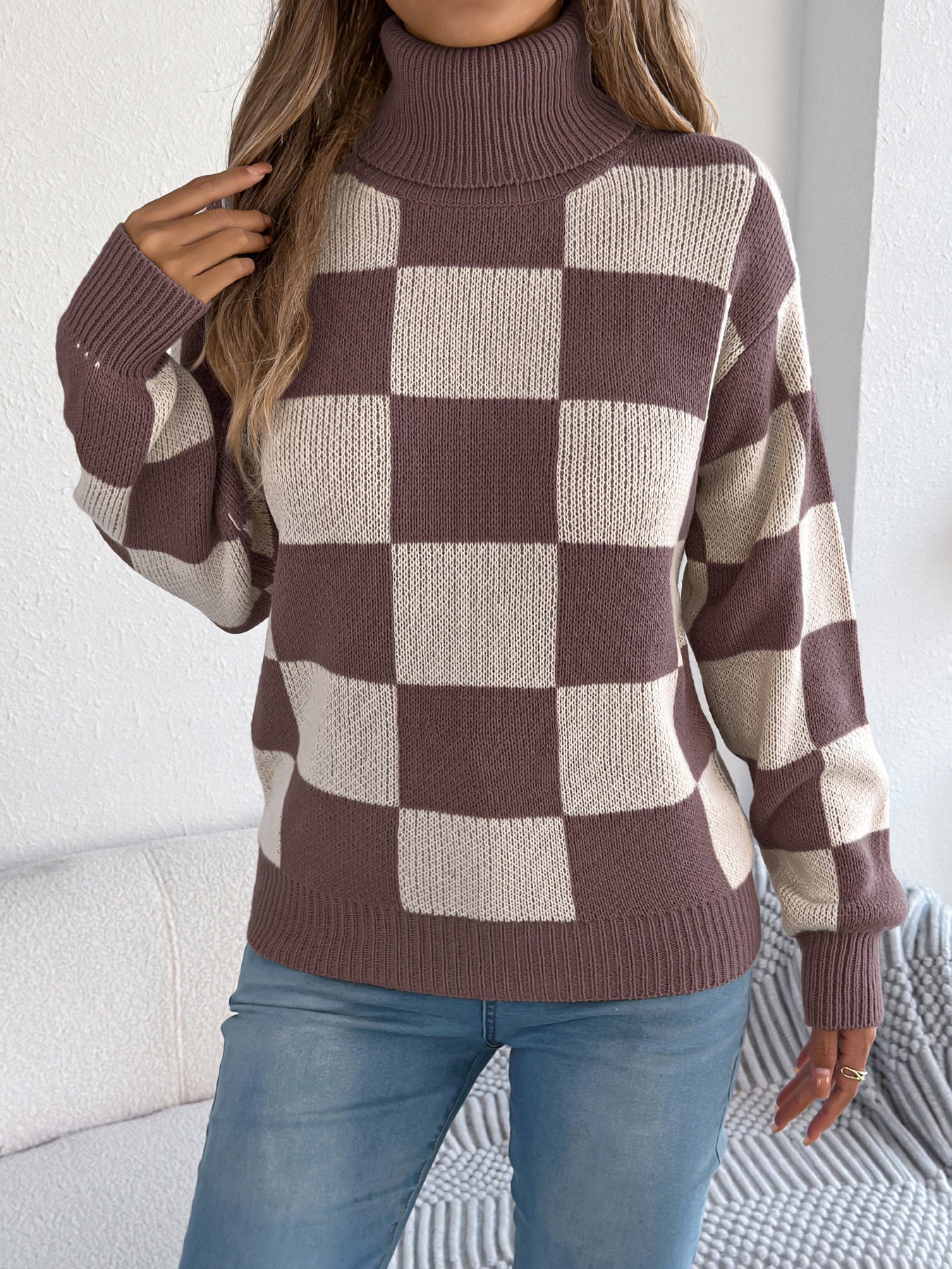 Dame Højhalset Farveblokket Ternede Sweater med Lanterneærmer