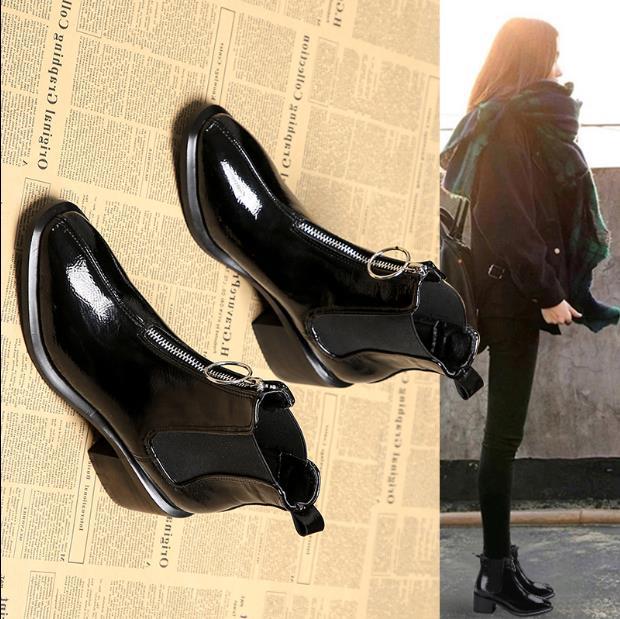 Women's Mid-heel Round-toe Zipper Patent Leather Thick-heel Martin Boots